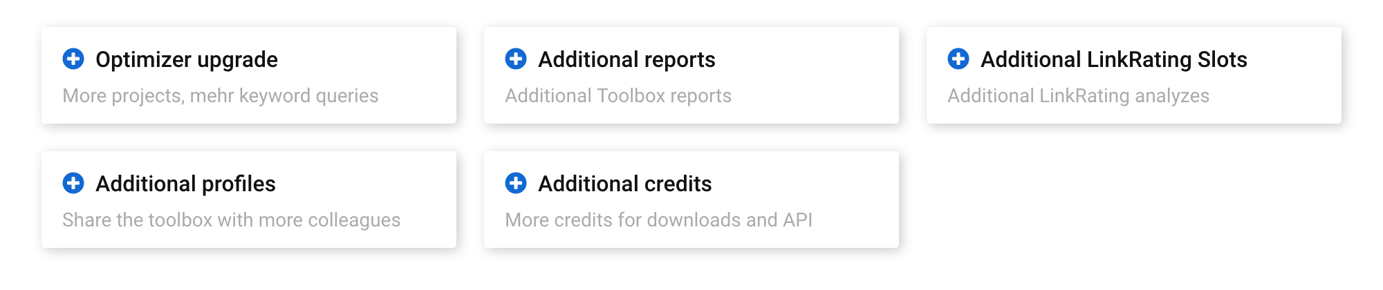 Captura de tela da página do módulo, com as outras opções de atualização disponíveis: atualizações do otimizador, relatórios adicionais, slots LinkRating adicionais, perfis adicionais e créditos adicionais.