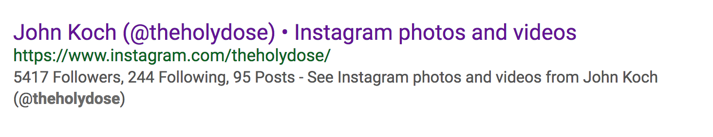 Instagram 个人资料搜索结果中显示的示例搜索引擎元数据