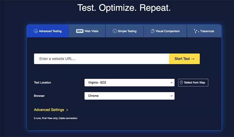 لقطة شاشة لموقع WebPageTest.org.