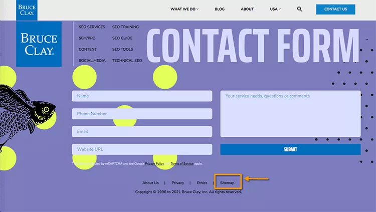 Capture d'écran du lien de pied de page du plan du site HTML sur BruceClay.com.