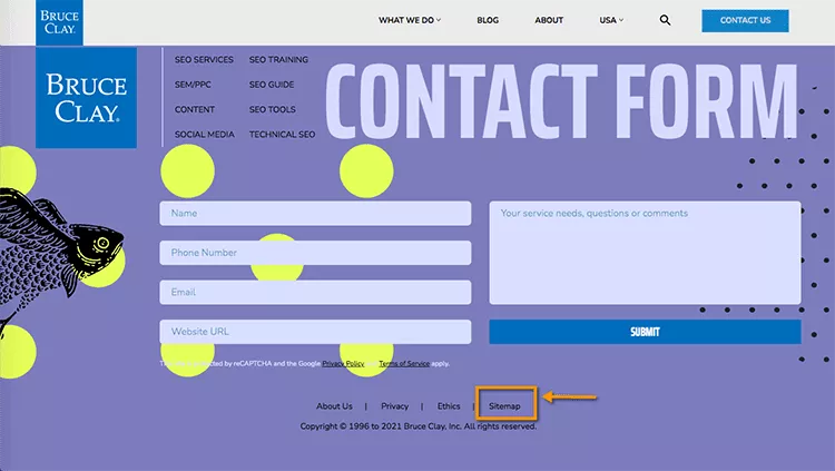 Captură de ecran a link-ului de subsol pentru harta site-ului HTML la BruceClay.com.