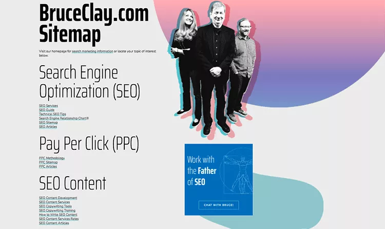 BruceClay.com のブランド化された HTML サイトマップのスクリーンショット。