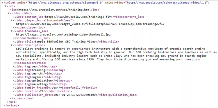 BruceClay.com のビデオ XML サイトマップのスクリーンショット。