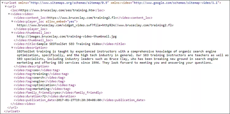 ภาพหน้าจอของแผนผังเว็บไซต์ XML ของวิดีโอที่ BruceClay.com