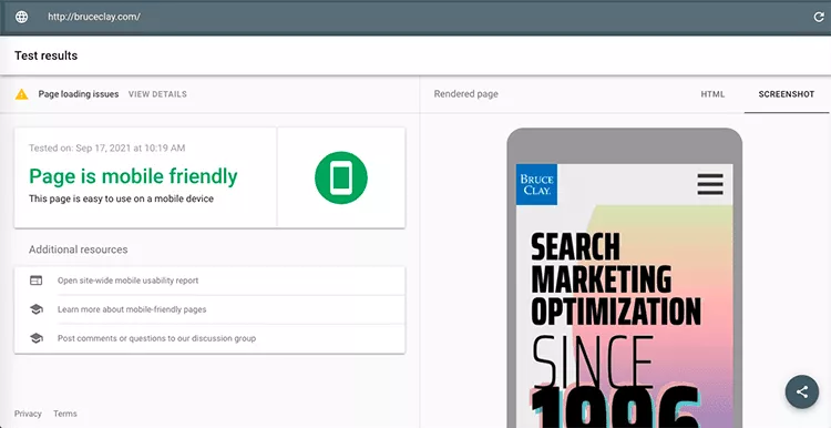 BruceClay.com の Google のモバイル フレンドリー テスト結果のスクリーンショット。