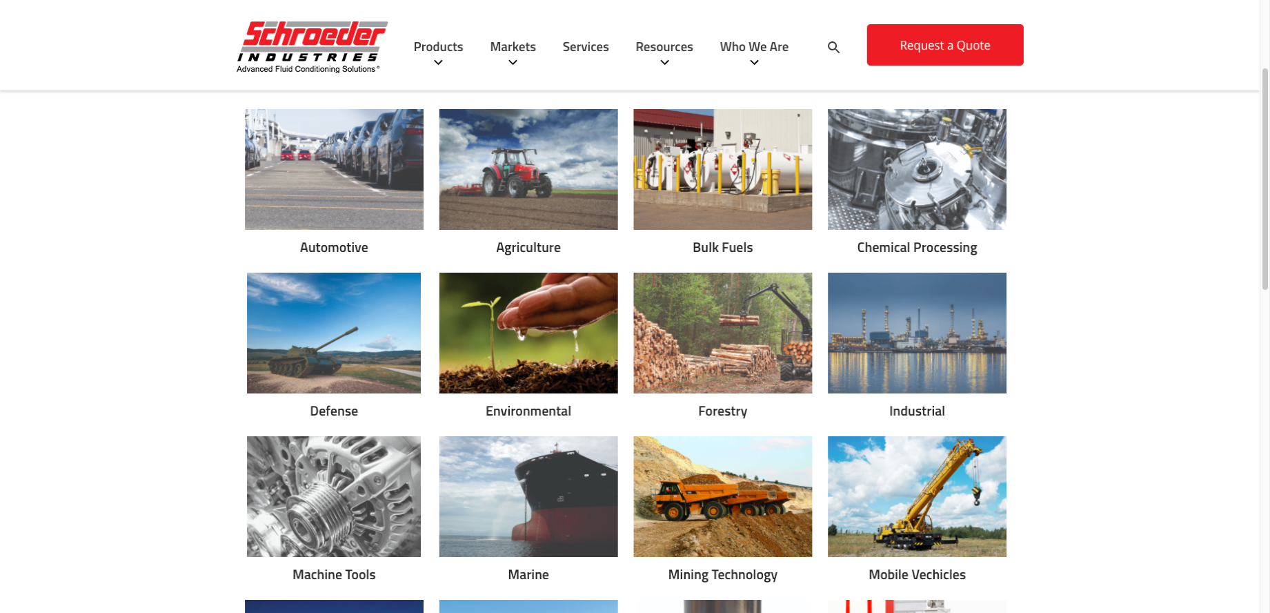 Schroeder Industries - Esempio di sito Web di distributori industriali - Mercati serviti