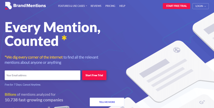Ein Screenshot einer der besten Brand24-Alternativen, der Homepage von BrandMentions