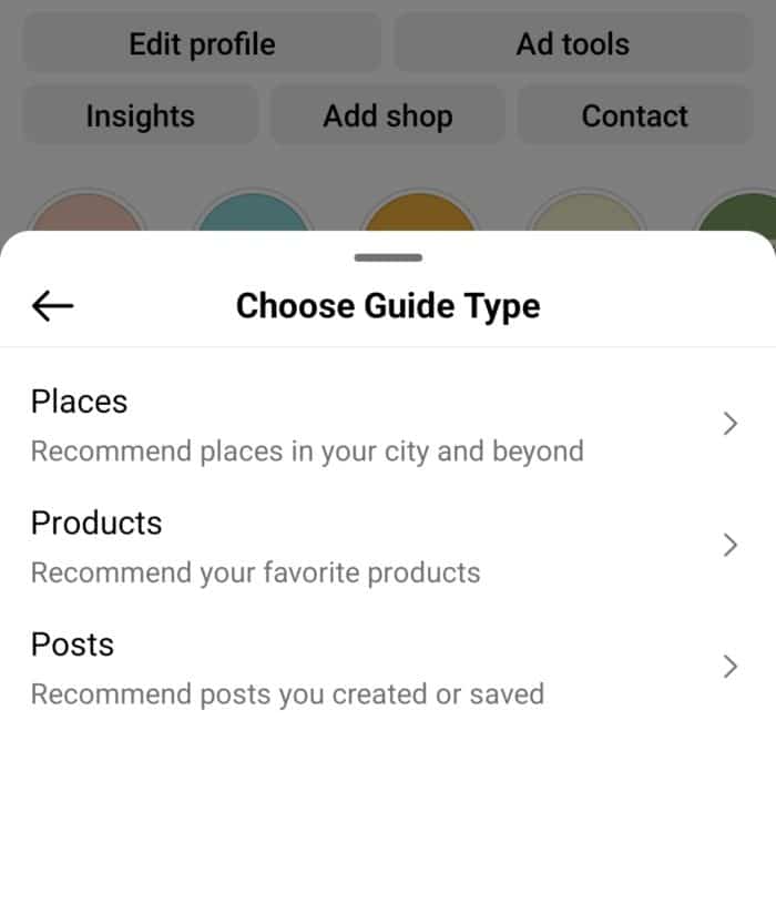 Choisissez le type de guide - lieux, produits, messages