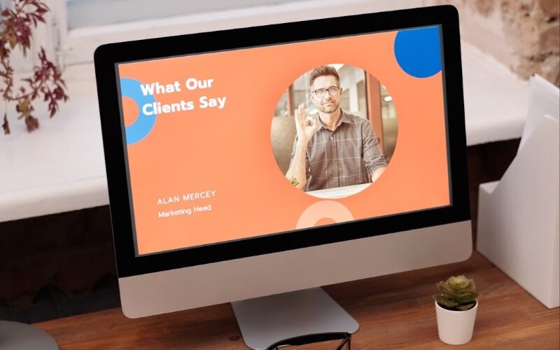 Eine Website für eine Designagentur, die auf einem Desktop geöffnet ist. Es zeigt ein Bild von Alan Mercey, dem Marketingleiter des Unternehmens, sowie „What Our Clients Say“.