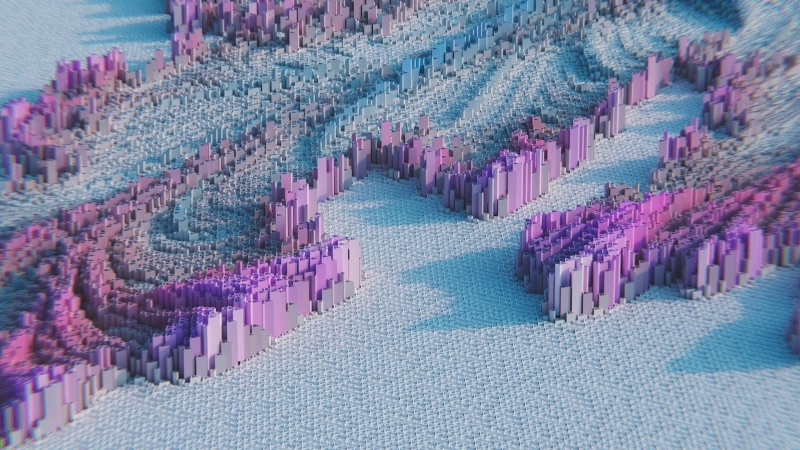 KI generierte Kunst einer zerklüfteten, pixeligen Landschaft