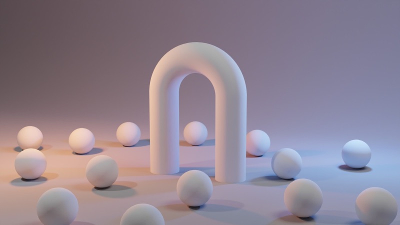 Простая 3D-иллюстрация арки, окруженной шарами.