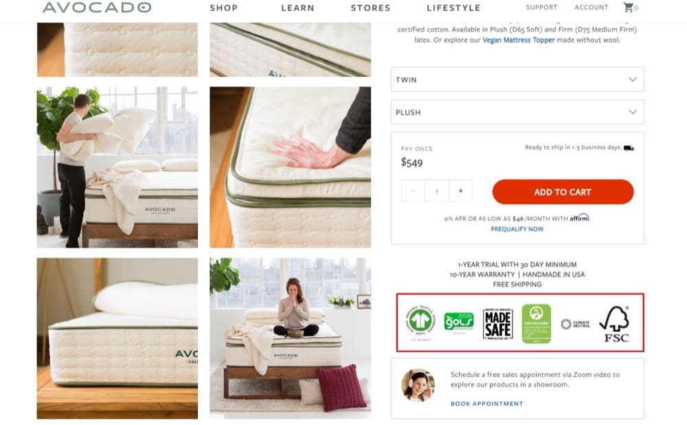 Optymalizacja strony produktu Shopify prezentuje przykład certyfikatów Awokado
