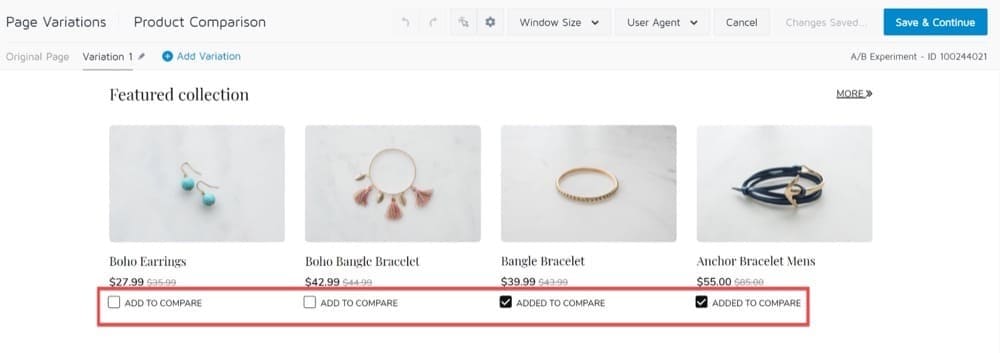 Exemplo de widget de comparação de produtos de otimização de página de produto da Shopify