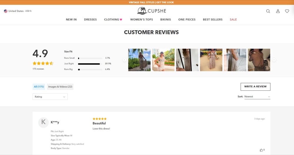 Shopify оптимизация страницы продукта отзывы клиентов с фотографиями Cupshe