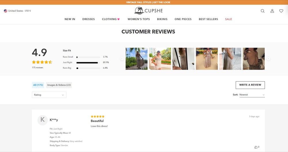 Shopify optimisation de la page produit avis clients avec photos Cupshe