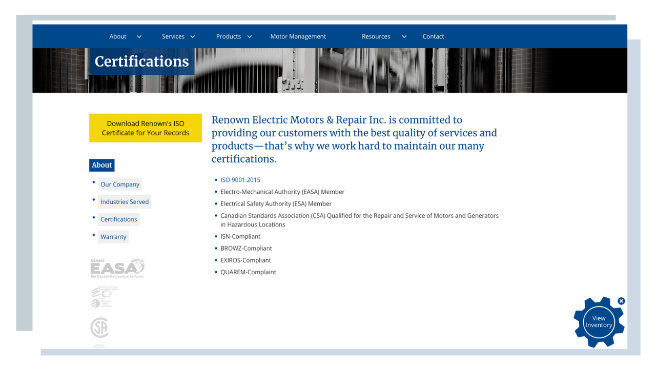 Esempio di sito Web Renown Electric per certificazioni di qualità di produzione: come ottenere più clienti