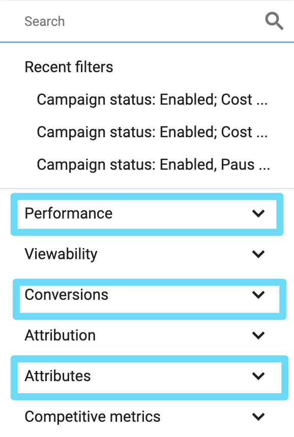 Google Ads 필터 카테고리