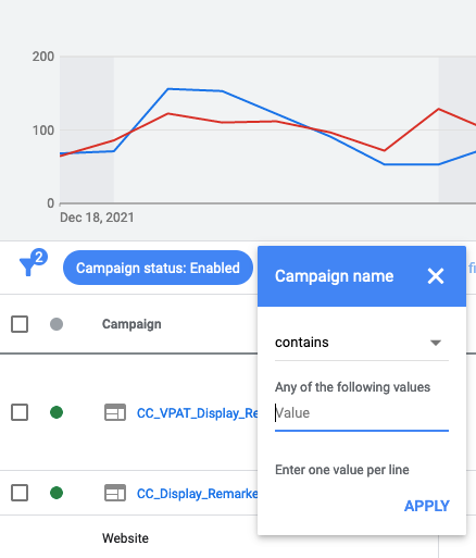 Google Ads 필터 대화상자