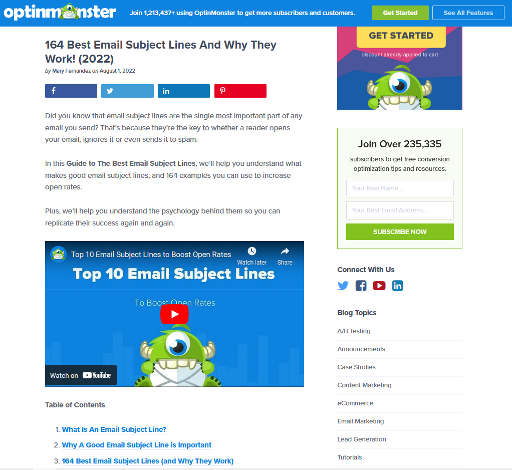 OptinMonster'ın en iyi sütun sayfası içeriği örneğinin ekran görüntüsü