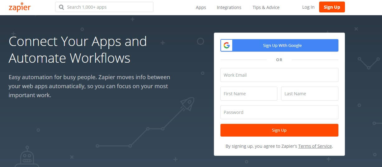 ตัวอย่างหน้า Landing Page ของ Zapier