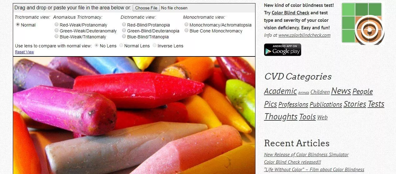 หน้า Landing Page ของ Coblis-color-blindness-simulator