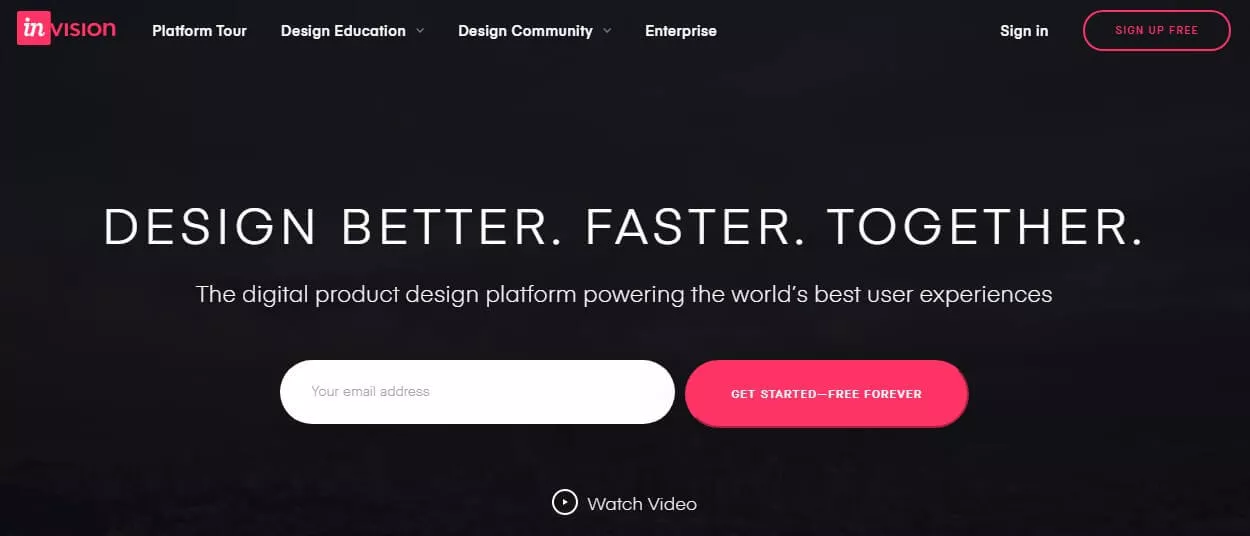 หน้า Landing Page ของแอป Invision