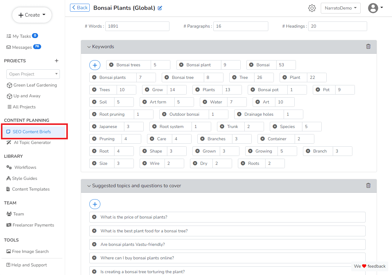Alat SEO Konten - Pembuat konten singkat SEO Narrato