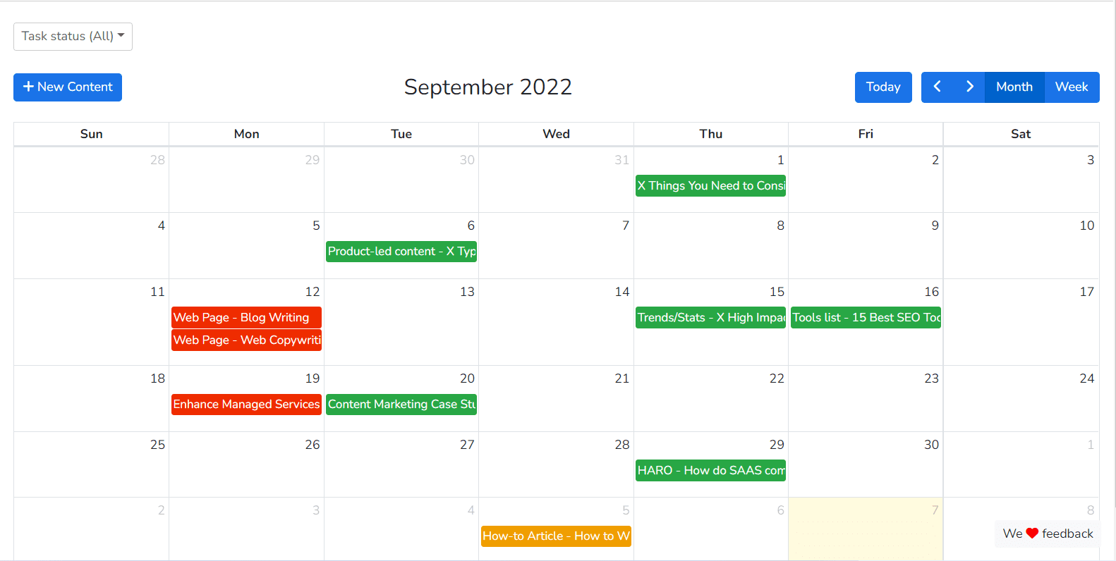Kalender konten Narrato untuk perencanaan SEO konten