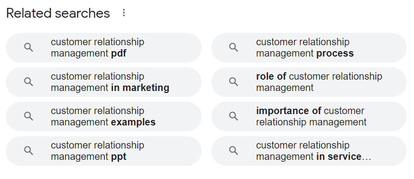 Screenshot des Abschnitts "Verwandte Suchanfragen" von Google für "Customer Relationship Management".