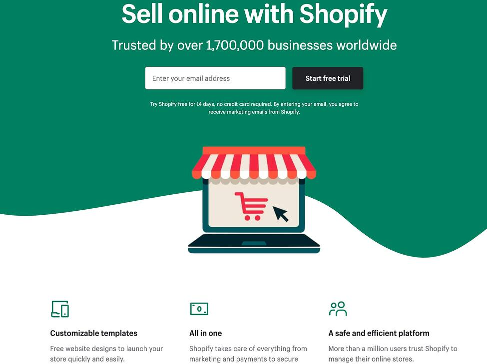 Shopify のランディング ページのデザイン例の画像