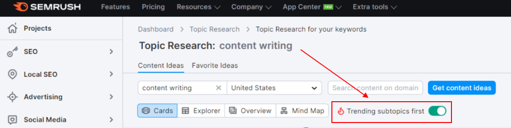 pesquisa de tópicos semrush - subtópicos de tendências primeiro