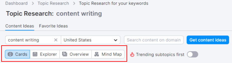 pesquisa de tópicos semrush - opções de visualização de resultados