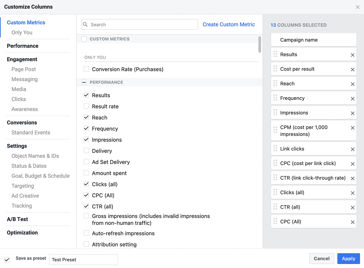 Métricas personalizadas del administrador de anuncios de Facebook