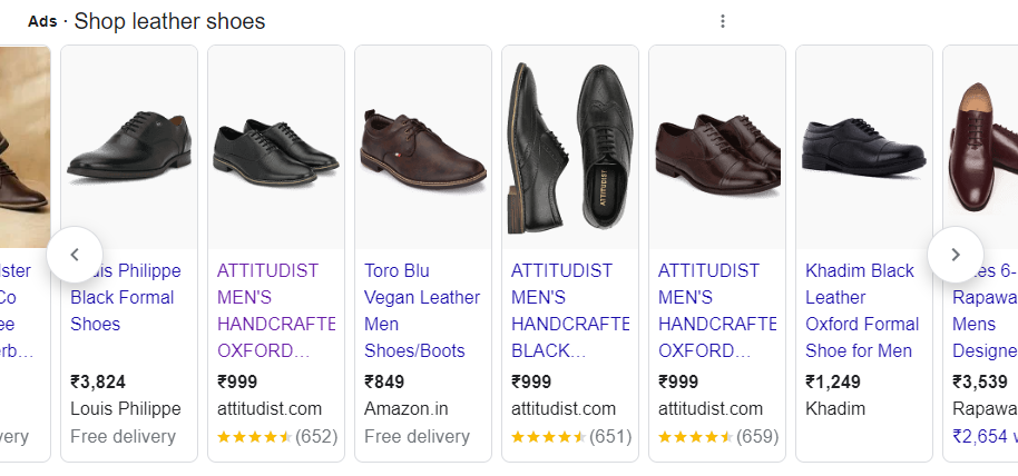 Captura de pantalla de la sección de anuncios patrocinados para zapatos de cuero.