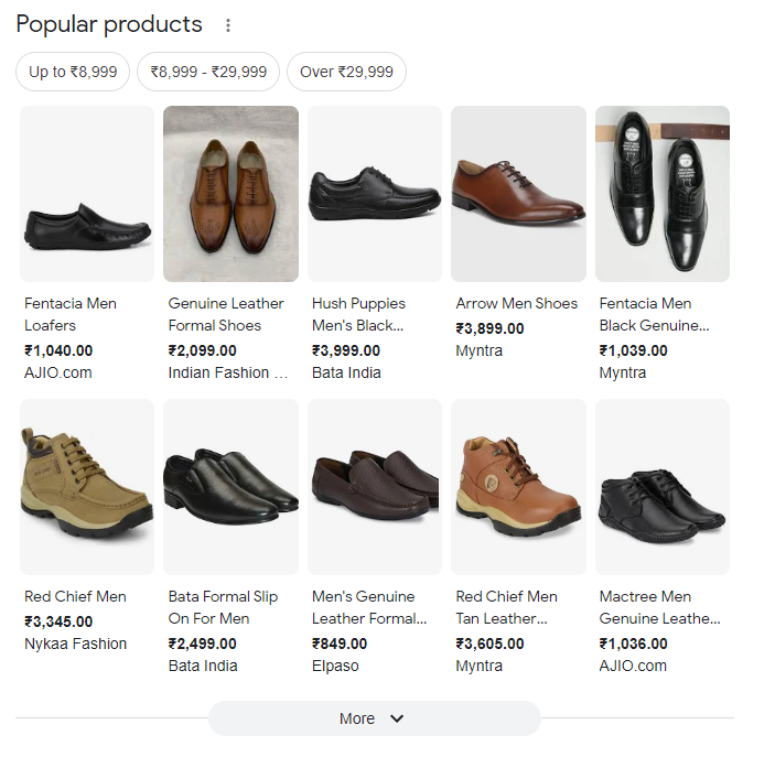 Captura de pantalla n.° 1 de la sección de productos populares para zapatos de cuero.