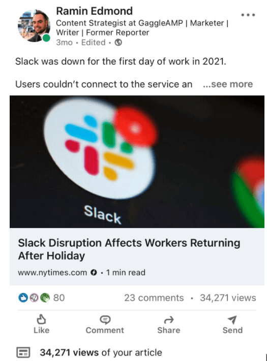 Exemplu de postare pe LinkedIn cu vizibilitate ridicată