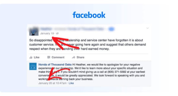 Przykład recenzji na Facebooku bez kontroli nad narracją