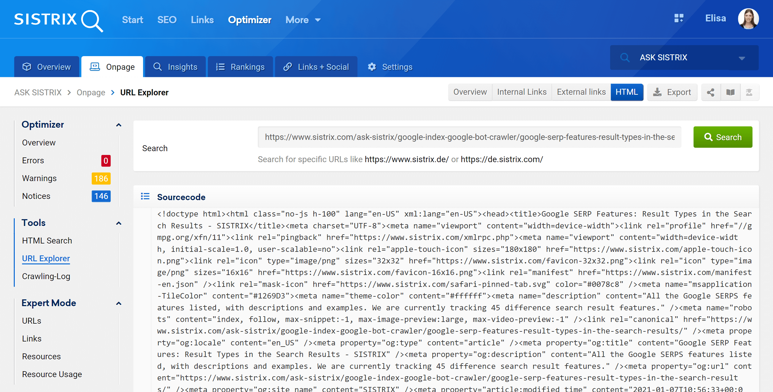 Guarda il codice sorgente HTML per l'URL
