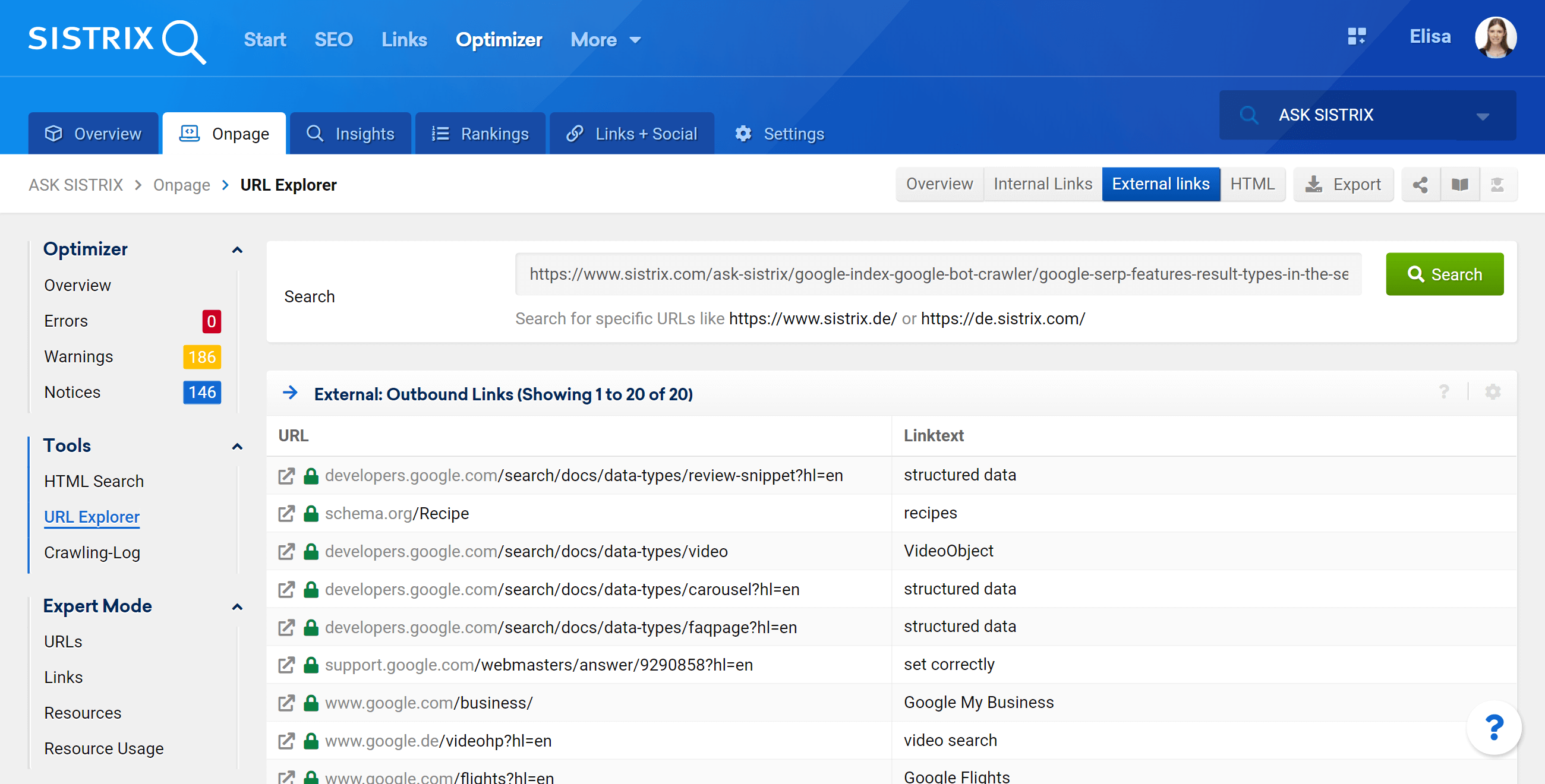 Valuta i collegamenti esterni per un URL