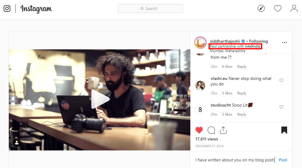 Sponsorizzazione Instagram - Siddhartha Joshi - Intel India