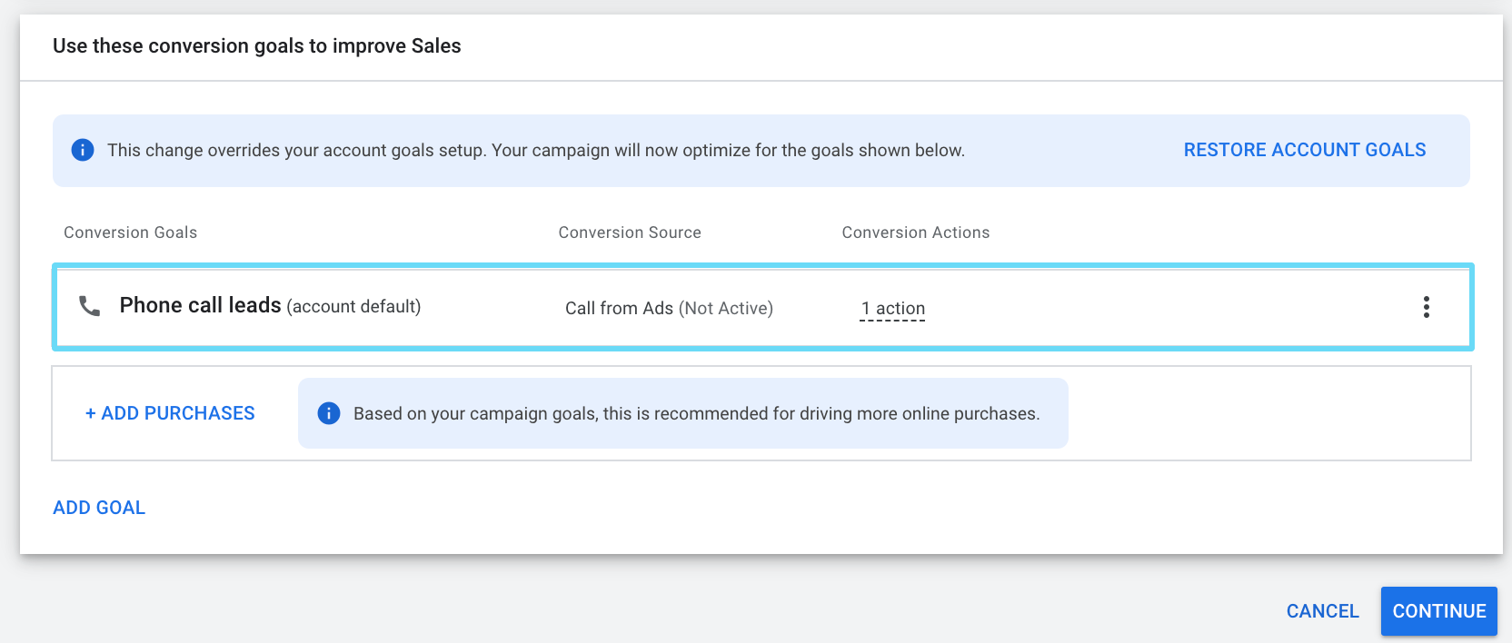 Pilihan tindakan konversi Google Ads