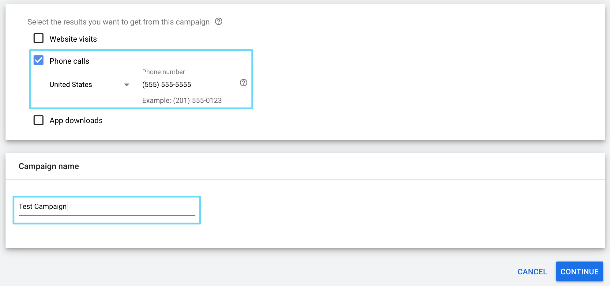 Pemilihan hasil Google Ads dan nama kampanye