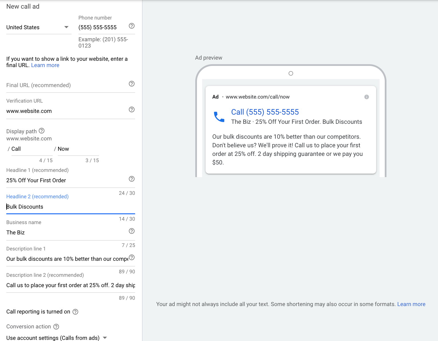 Membuat iklan panggilan telepon di Google Ads