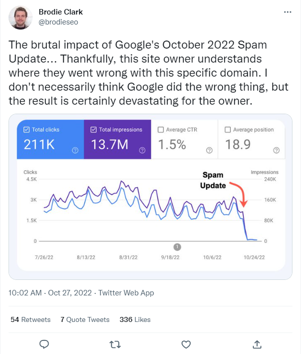 Google 스팸 업데이트 영향 트윗의 스크린샷 #1