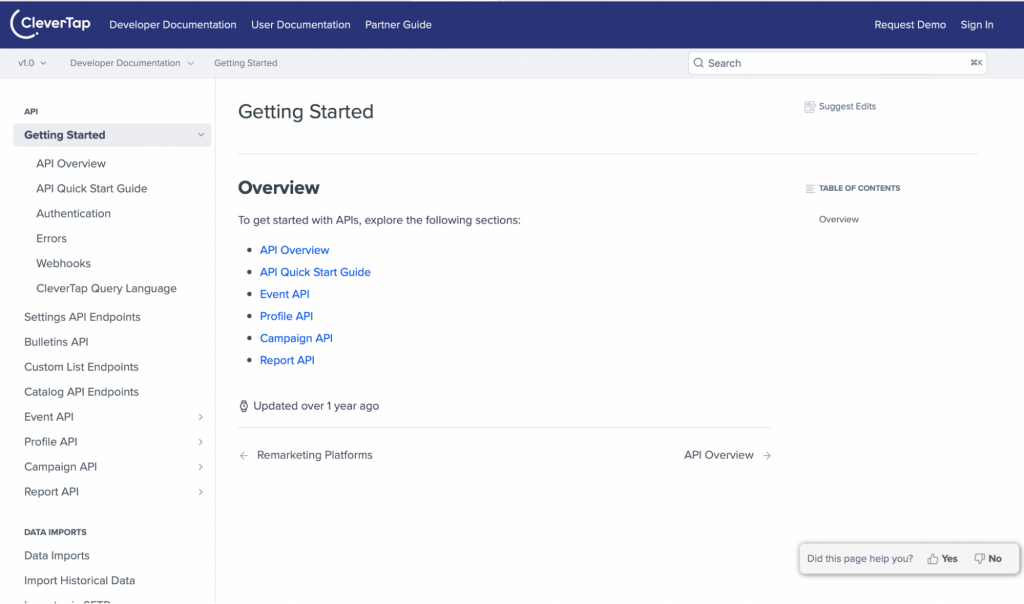 ภาพหน้าจอแสดงเอกสารเกี่ยวกับการใช้ CleverTap API