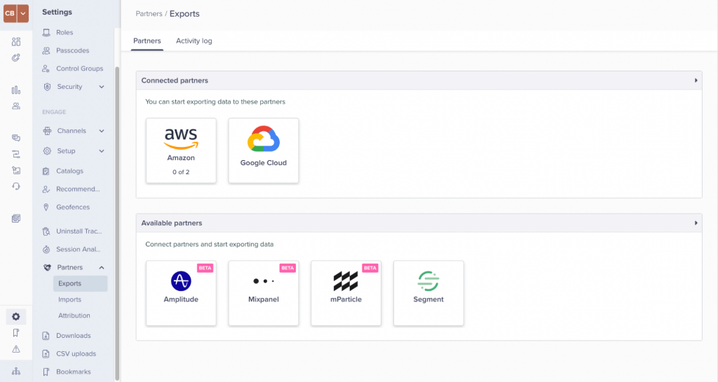 ภาพหน้าจอแสดงตัวเชื่อมต่อ AWS และ GCP สำหรับการส่งออกข้อมูลของคุณ