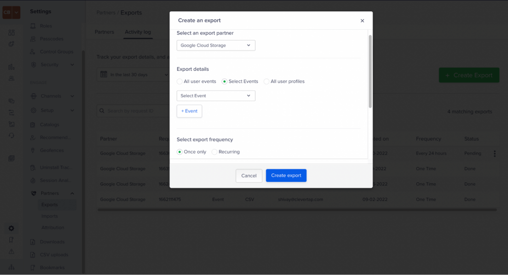 ภาพหน้าจอแสดงกล่องโต้ตอบสร้างการส่งออกภายใน CleverTap