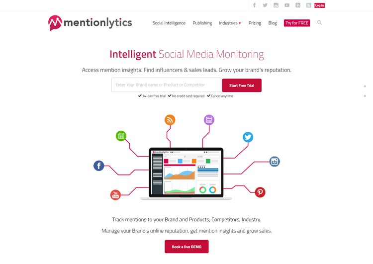 Mentionlytics 的社交媒體追踪器主頁的屏幕截圖。