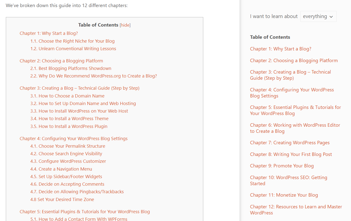 Screenshot des Index einer Pillar-Seite über WordPress von isitwp.com