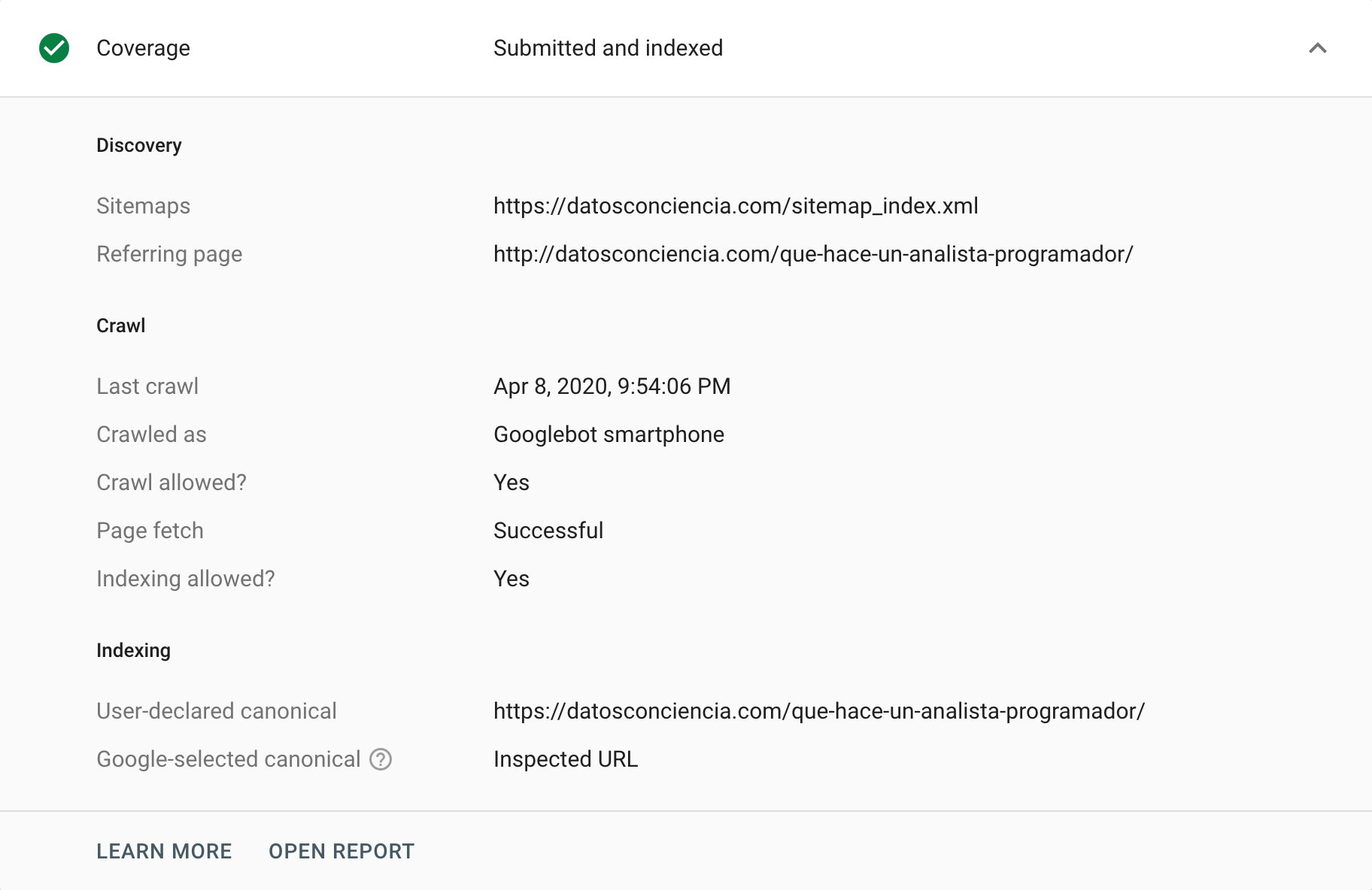 Outil d'inspection d'URL de Google Search Console